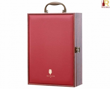 Hộp gỗ mặt da đỏ đựng 2 chai rượu vang