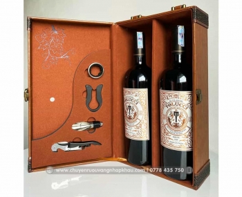 Set quà tặng hộp da 2 chai rượu vang Ý Tolucci Semi kèm bộ phụ kiện