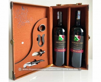 Set quà tặng hộp da 2 chai rượu vang Ý Mondovino Semi kèm bộ phụ kiện