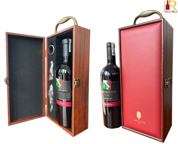 Bộ quà tặng tết hộp gỗ mặt da 1 chai vang Ý Mondovino Semi
