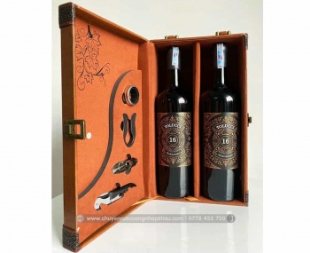 Set quà tặng hộp da 2 chai rượu vang Ý Tolucci 16 kèm bộ phụ kiện