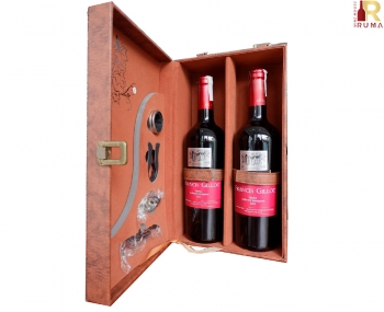 Set quà tặng hộp da 2 chai rượu vang Pháp Francis Gillot kèm bộ phụ kiện