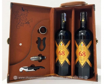 Set quà tặng hộp da 2 chai rượu vang Ý 68 kèm bộ phụ kiện