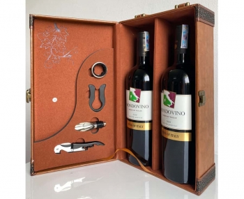 Set quà tặng hộp da 2 chai rượu vang Ý Mondovino Rosso kèm bộ phụ kiện