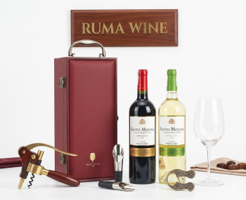 Bộ quà tặng tết hộp gỗ mặt da 1 chai rượu vang Chile Santo Molina