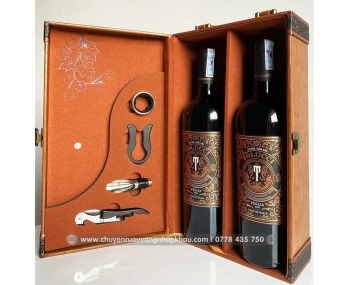 Set quà tặng hộp da 2 chai rượu vang Ý Tolucci 14 kèm bộ phụ kiện