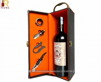 Bộ quà tặng tết hộp da 1 chai rượu vang Ý Tolucci Semi