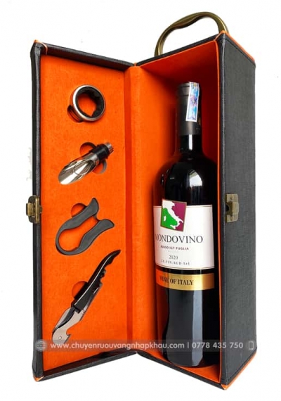 Quà tặng tết hộp da 1 chai rượu vang Ý Mondovino Rosso