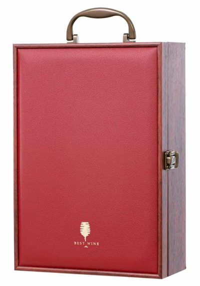 Hộp gỗ mặt da đỏ đựng 2 chai rượu vang