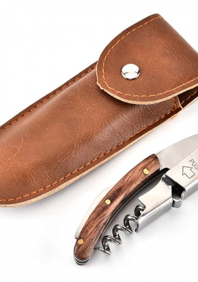 Dụng cụ khui rượu inox cán gỗ cao cấp (kèm bao da)