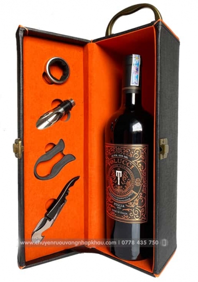 Bộ quà tặng tết hộp da 1 chai rượu vang Ý Tolucci 14