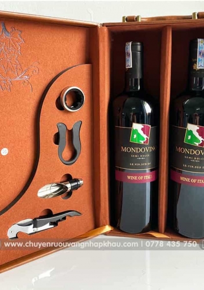Set quà tặng hộp da 2 chai rượu vang Ý Mondovino Semi kèm bộ phụ kiện