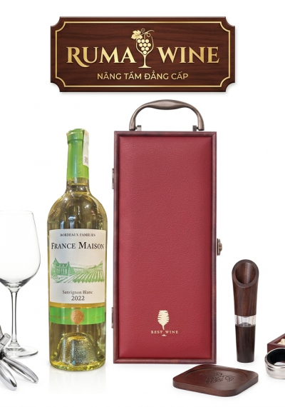 Bộ quà tặng tết hộp gỗ mặt da 1 chai rượu vang Pháp France Maison trắng