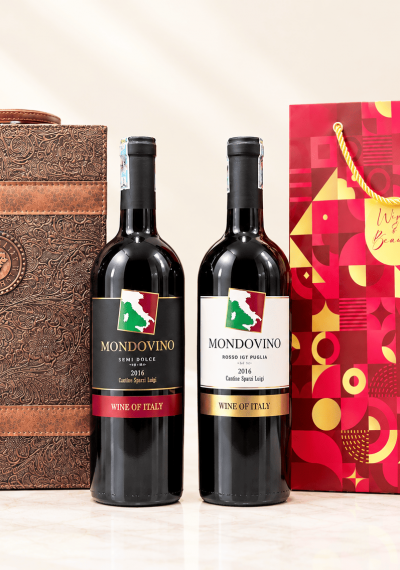 Set quà tặng hộp da 2 chai vang Ý Mondovino