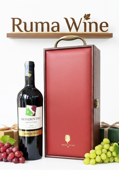 Bộ quà tặng tết hộp gỗ mặt da 1 chai vang Ý Mondovino Rosso