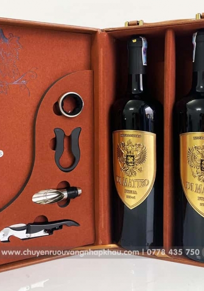 Set quà tặng hộp da 2 chai rượu vang Ý Di Matteo kèm bộ phụ kiện