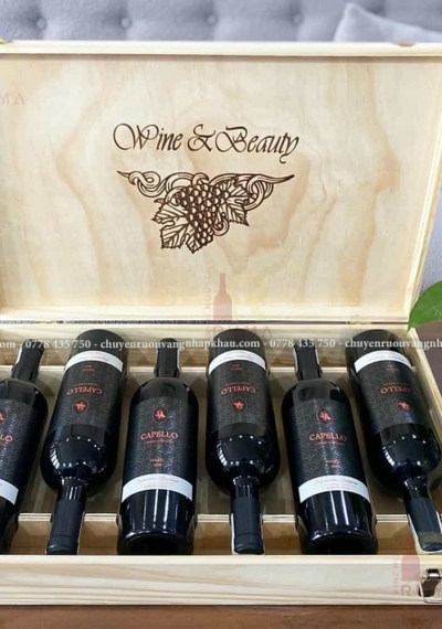 Quà tặng cao cấp hộp gỗ 6 chai rượu vang Ý Capello