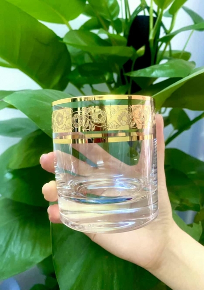 Bộ ly uống whisky mạ vàng họa tiết hoa mai Crystalite 300ml
