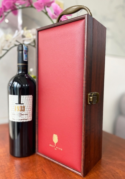 Bộ quà tặng tết hộp gỗ mặt da 1 chai rượu vang Ý 1933 Rosso