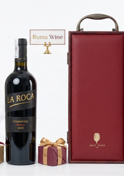 Bộ quà tặng tết hộp gỗ mặt da 1 chai rượu vang Chile La Roca Reserva