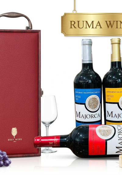Bộ quà tặng tết hộp gỗ mặt da 1 chai rượu vang Majorca