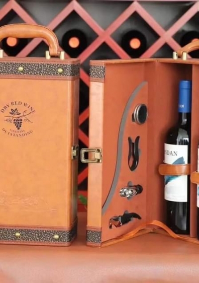 Hộp da đựng rượu vang đôi kèm bộ phụ kiện