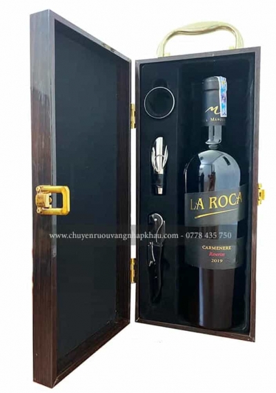 Set quà tặng tết hộp sơn mài 1 chai rượu vang Chile La Roca Reserva