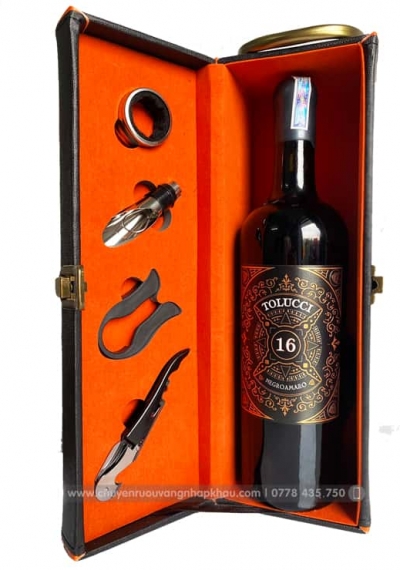 Bộ quà tặng tết hộp da 1 chai rượu vang Ý Tolucci 16