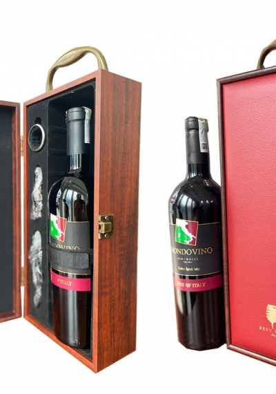 Bộ quà tặng tết hộp gỗ mặt da 1 chai vang Ý Mondovino Semi