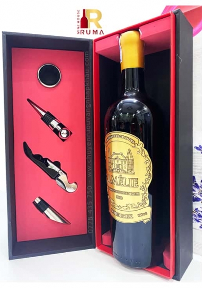 Quà tặng hộp 1 chai rượu vang Pháp Amelie kèm phụ kiện