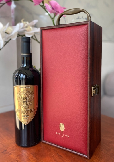 Bộ quà tặng tết hộp gỗ mặt da 1 chai rượu vang Ý Di Matteo