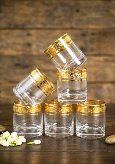 Bộ ly uống whisky mạ vàng họa tiết hoa mai Crystalite 300ml