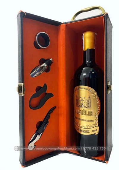 Set quà tặng tết hộp da 1 chai vang Pháp Amelie