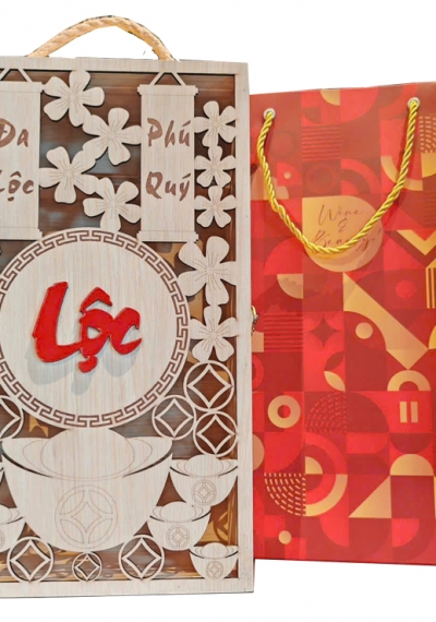 Hộp gỗ Lộc Phát đựng 2 chai rượu vang