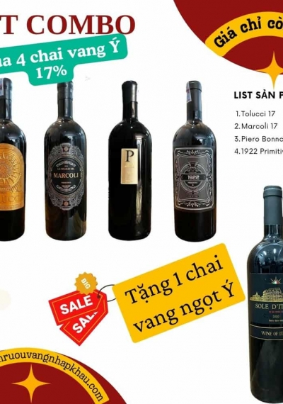 Combo 4 chai rượu vang Ý 17% tặng 1 chai