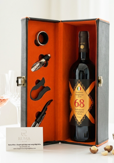 Bộ quà tặng tết hộp da 1 chai vang Ý 68