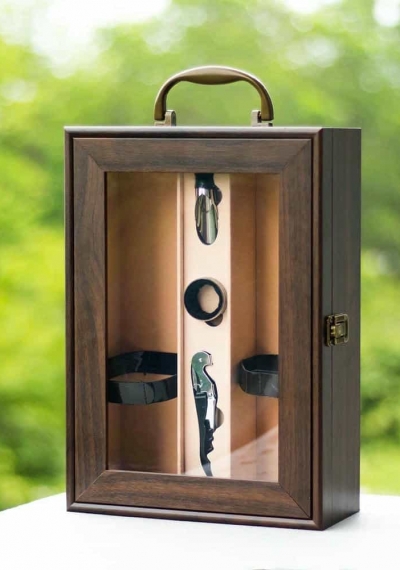 Hộp gỗ mặt kính đựng 2 chai rượu vang