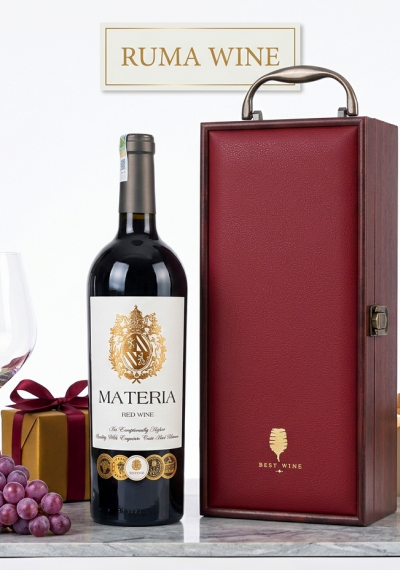Bộ quà tặng tết hộp gỗ mặt da 1 chai rượu vang Materia