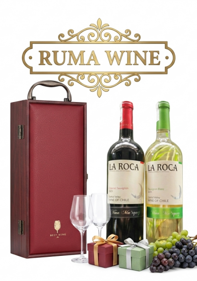 Bộ quà tặng tết hộp gỗ mặt da 1 chai rượu vang Chile La Roca