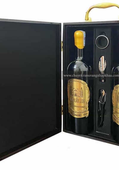 Set quà tặng tết hộp sơn mài 2 chai rượu vang Pháp Amelie