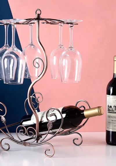 Kệ để 2 chai rượu vang kèm giá treo 6 ly