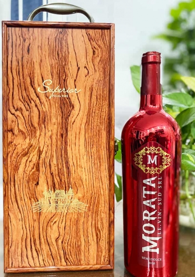 Set quà tặng tết hộp sơn mài nâu 1 chai rượu vang Ý Morata Ruby