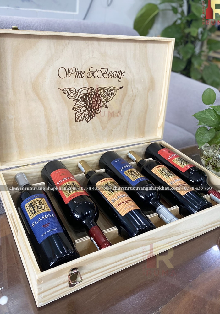Quà tặng hộp gỗ 6 chai rượu vang Chile Elamos mix