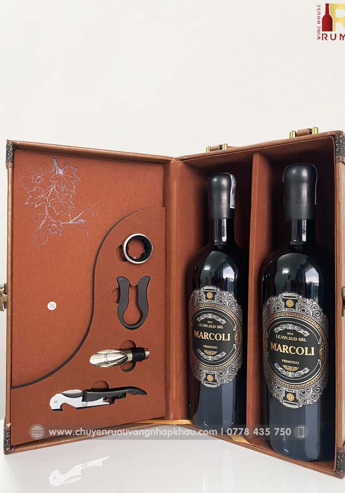 Set quà tặng hộp da 2 chai rượu vang Ý Marcoli 17 kèm bộ phụ kiện