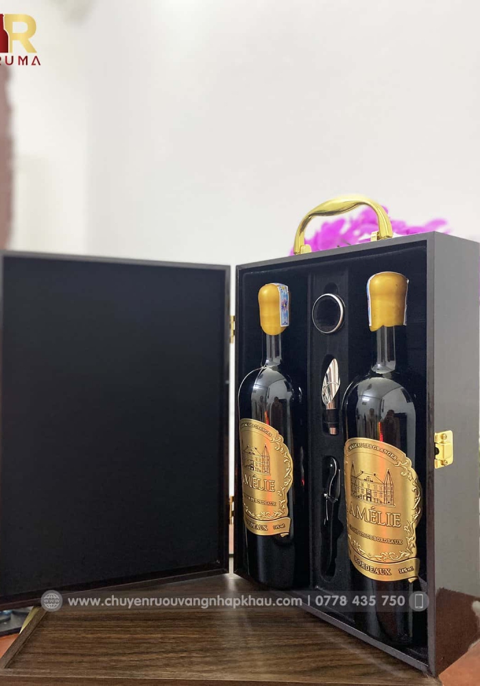 Set quà tặng tết hộp sơn mài 2 chai rượu vang Pháp Amelie