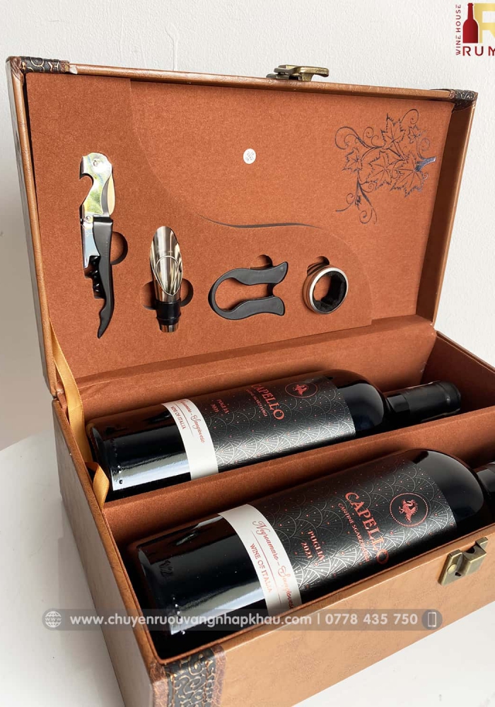 Set quà tặng hộp da 2 chai rượu vang Ý Capello kèm bộ phụ kiện