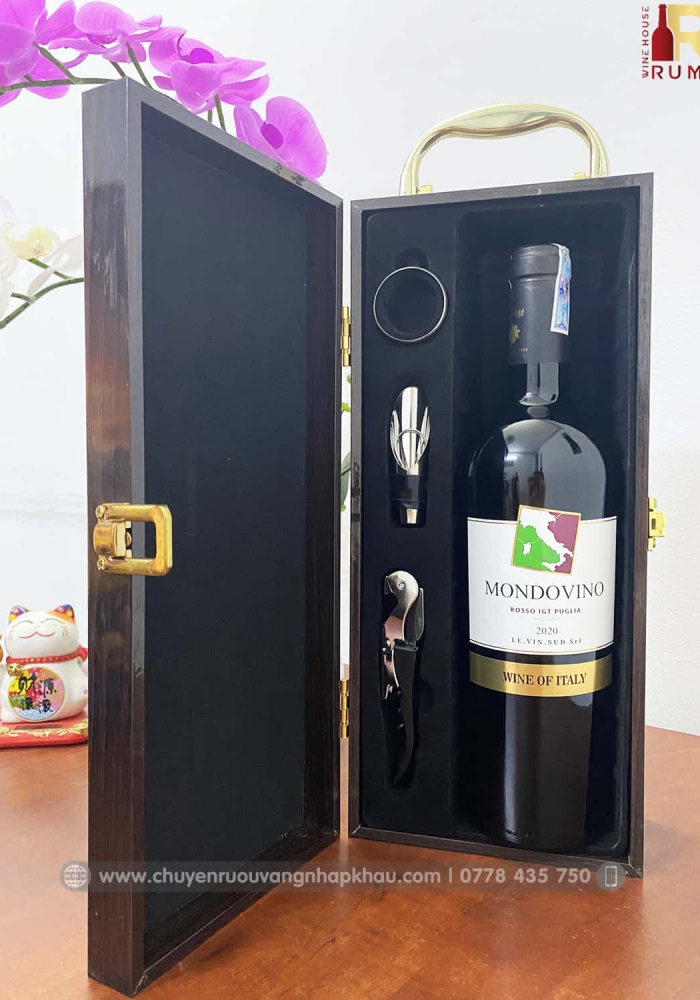 Set quà tặng tết hộp sơn mài 1 chai rượu vang Ý Mondovino Rosso
