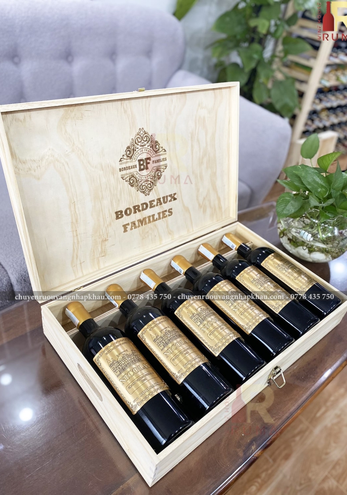 Quà tặng cao cấp hộp gỗ 6 chai rượu vang Pháp Nicolas
