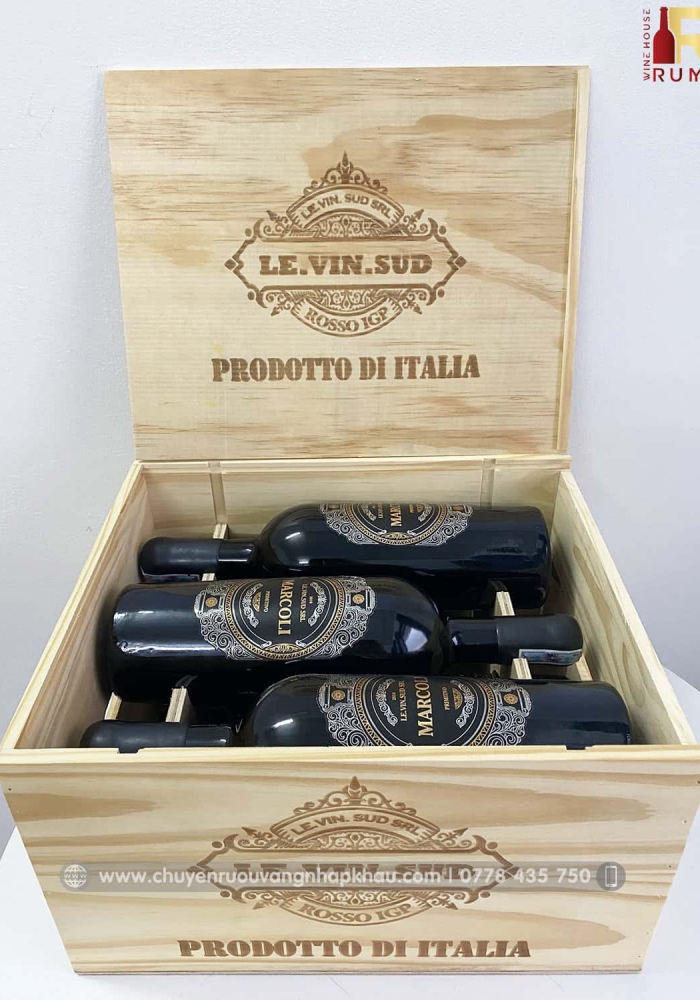 Quà tặng cao cấp hộp gỗ 6 chai rượu vang Ý Marcoli 17
