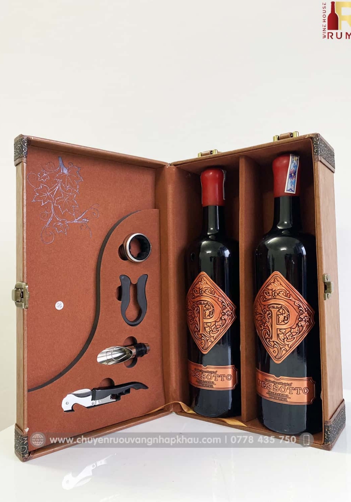 Set quà tặng hộp da 2 chai rượu vang Ý Pessotto kèm bộ phụ kiện